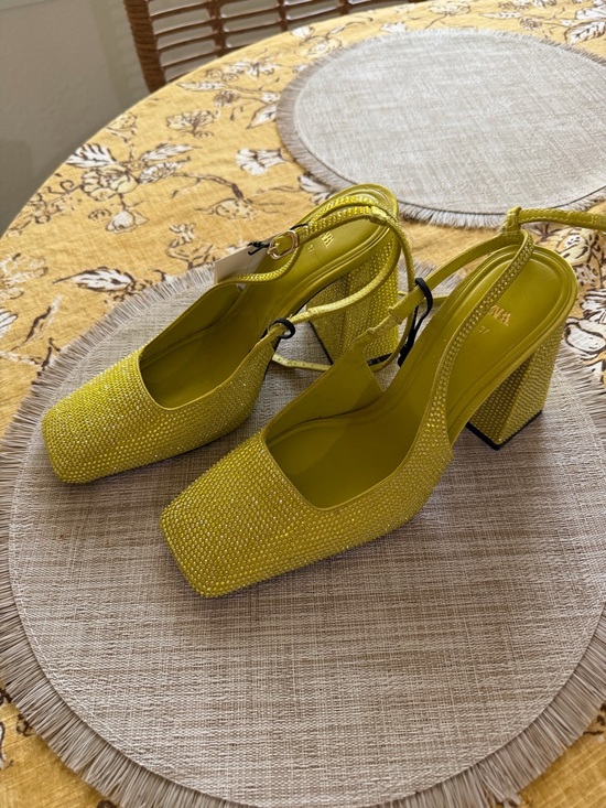 Zara Shoes - Zara Yellow Rhinestone Slingback Block Heels